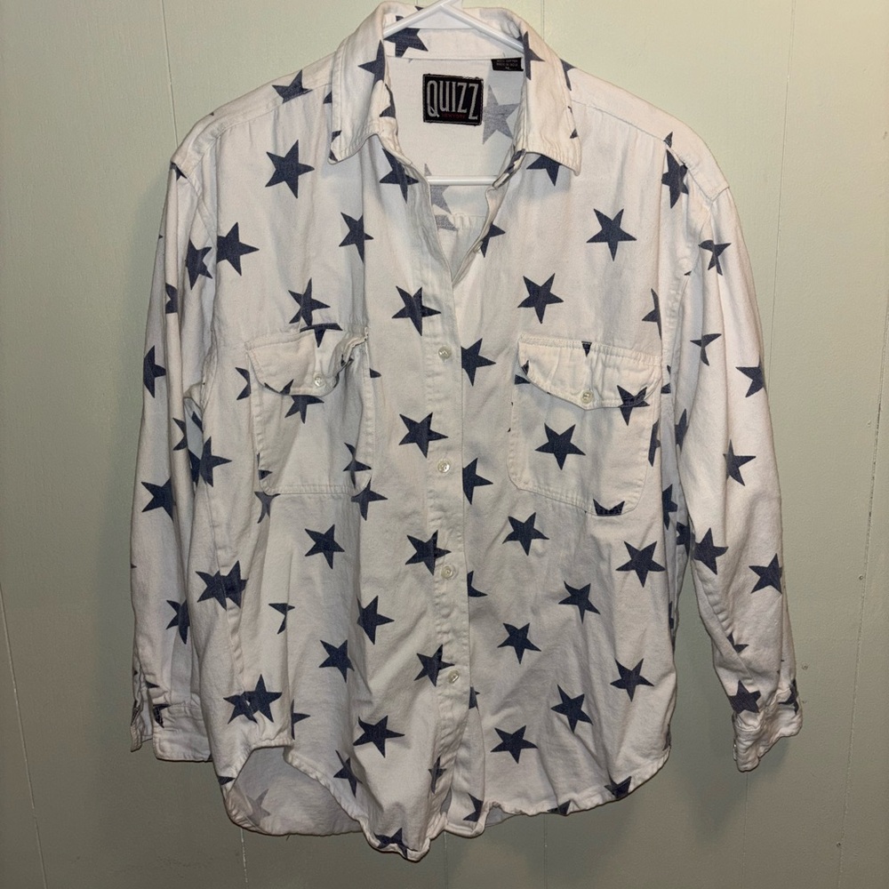 Quizz Women's White and Blue Star Button Down Shirt